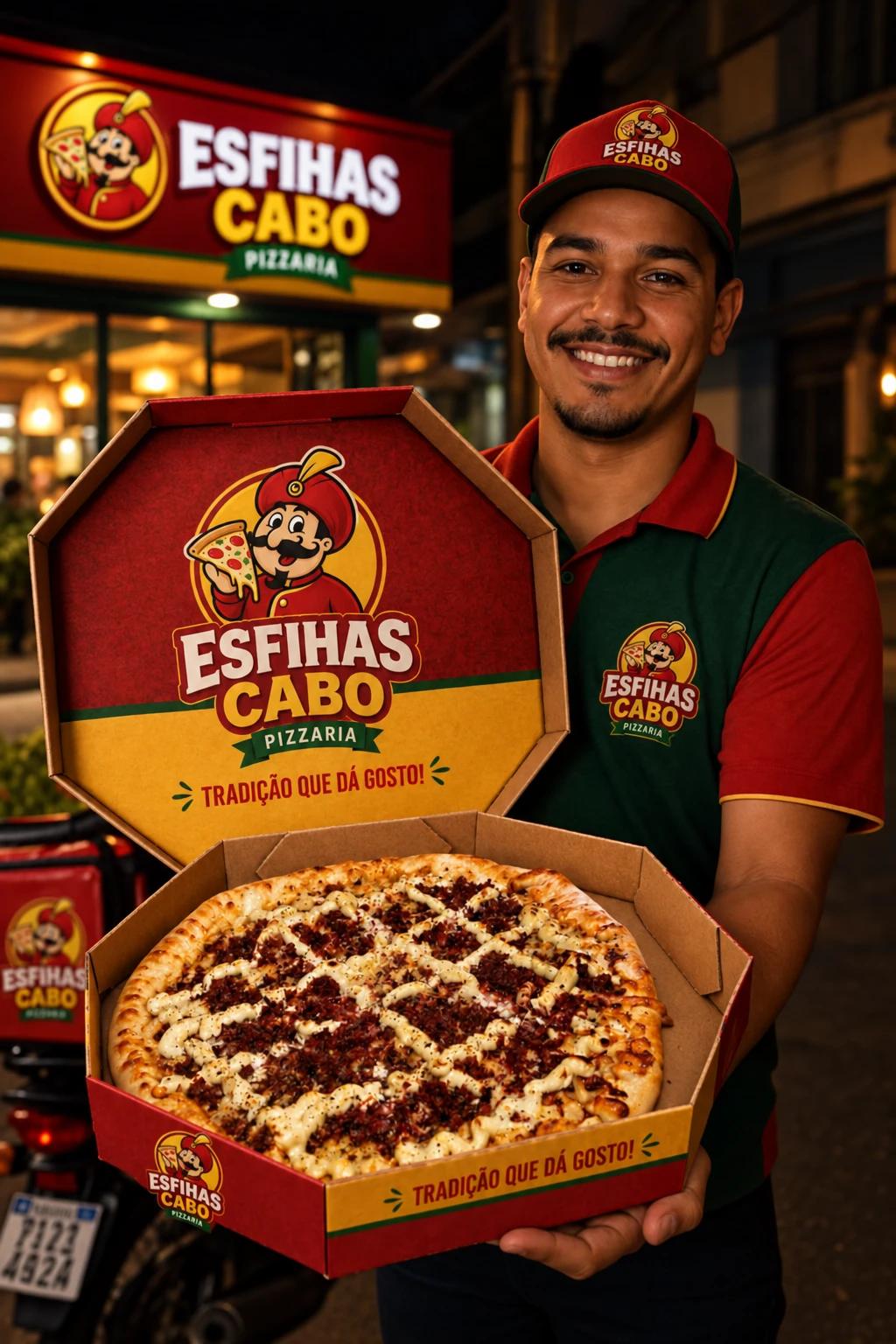 Pizza de charque da loja na caixa, com catupiry e carne seca